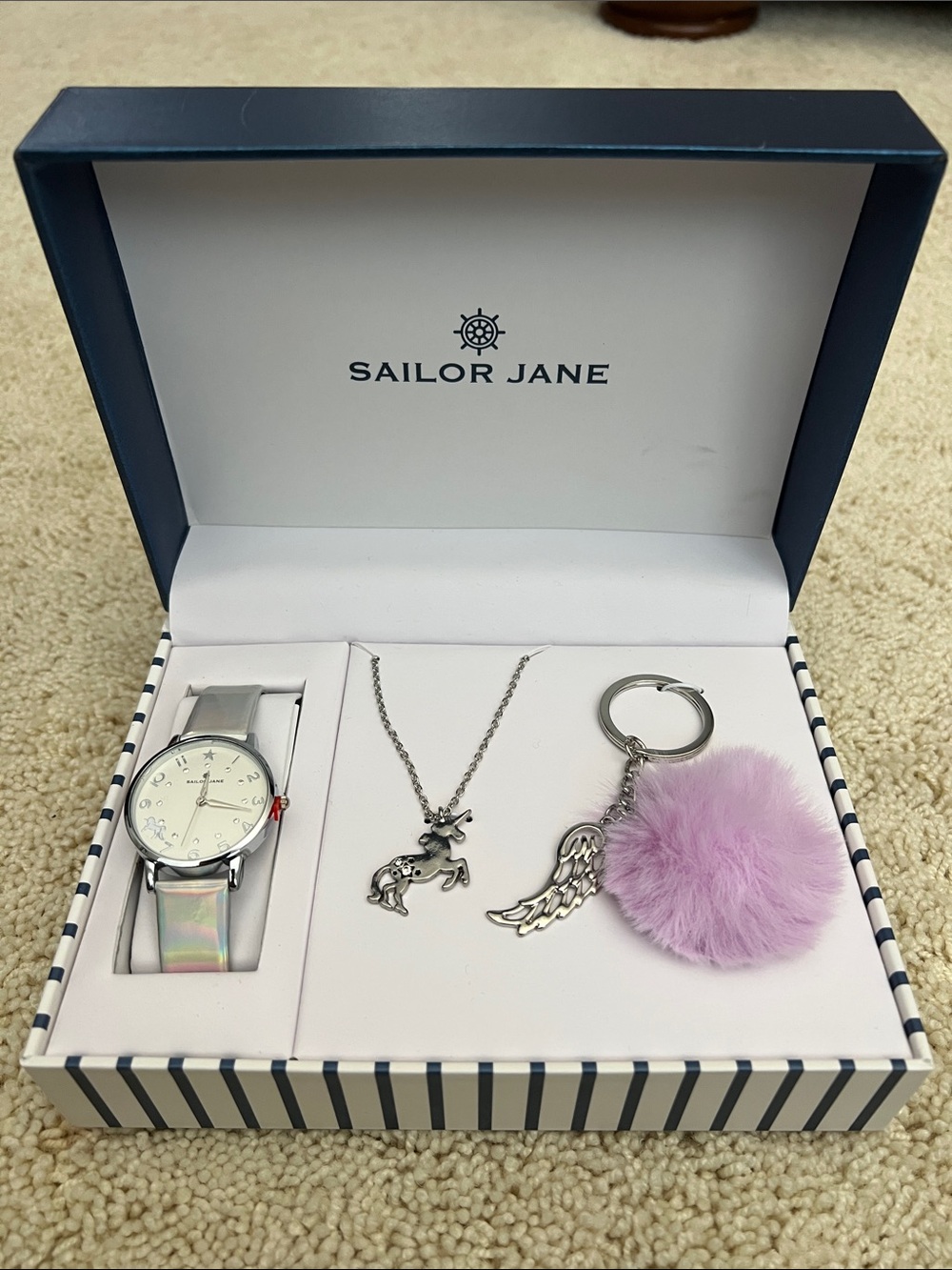 Sailor Jane Iridescent Watch, Unicorn Necklace, and Pom Keychain Gift Set